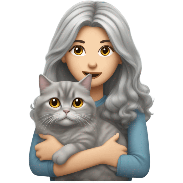 blow out haired woman snuggling grey tabby persian cat emoji