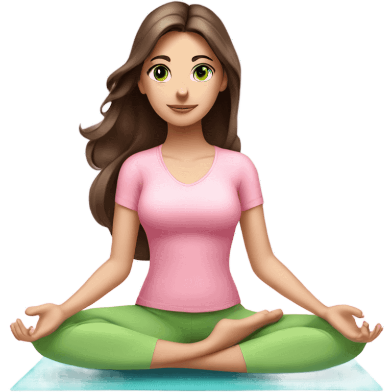 Brunette long hair and green eyes yoga beautiful girl in light pink pink pink clothes sitting on a yoga mat emoji