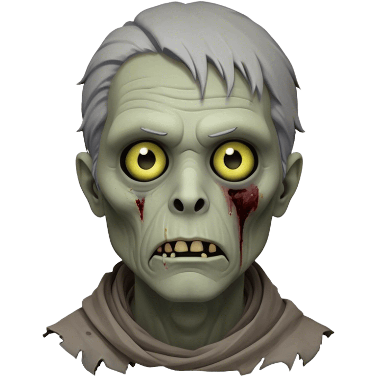 Cinematic Noble Zombie Portrait Emoji, Surprisingly dignified and somber, with a decaying yet strangely regal visage in ashen grays and muted tones, draped in tattered attire hinting at a lost grandeur, simplified yet meticulously detailed, glowing with a soft, eerie radiance and a gentle outline that evokes the tragic nobility of the undead! emoji