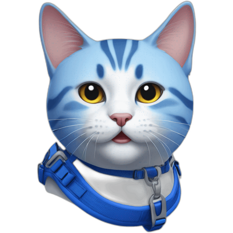 Blueballpoint cat with mouth slightly open and blue harness emoji