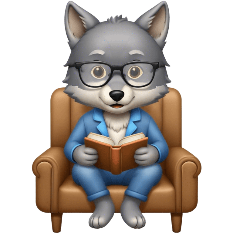 Wolf Reading a Book on chair with glasses emoji