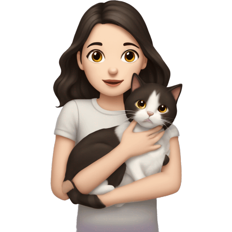 A pale girl with dark brown hair and dark brown eyes kisses a cat in her hands emoji