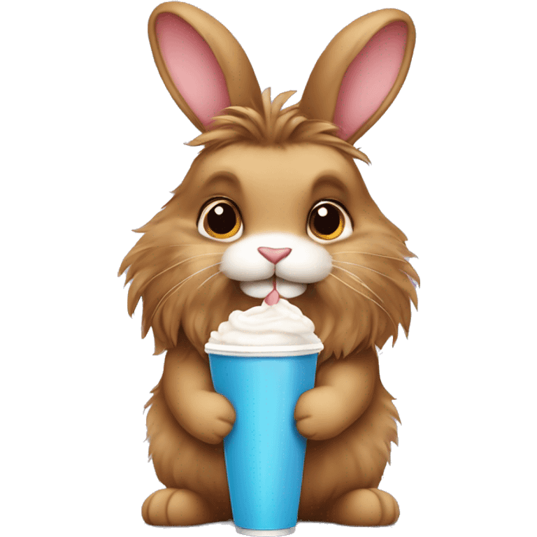 Tofee brown lionhead fluffy rabbit, holding a milkshake  emoji