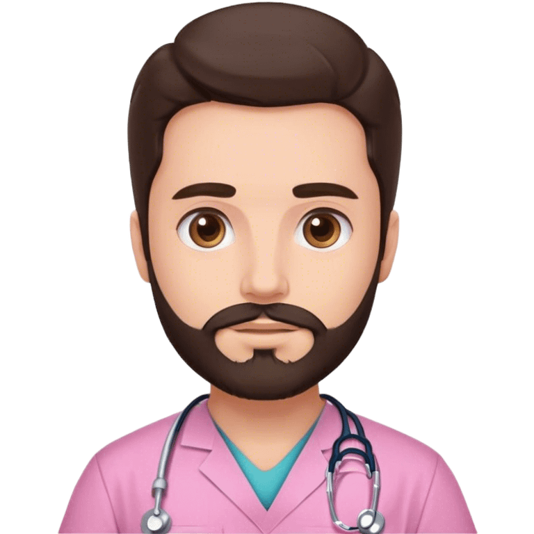 doctor with dark long brown hair and beard, big brown eyes and pink scrubs  emoji