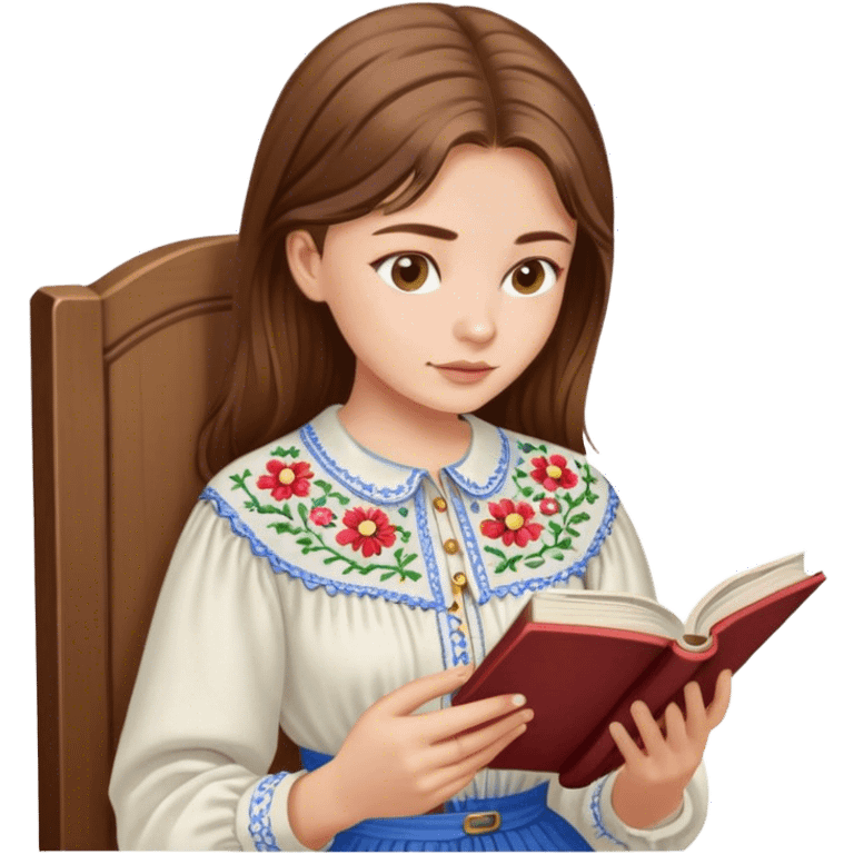 A Ukrainian girl with brown hair in an embroidered shirt reads a book emoji