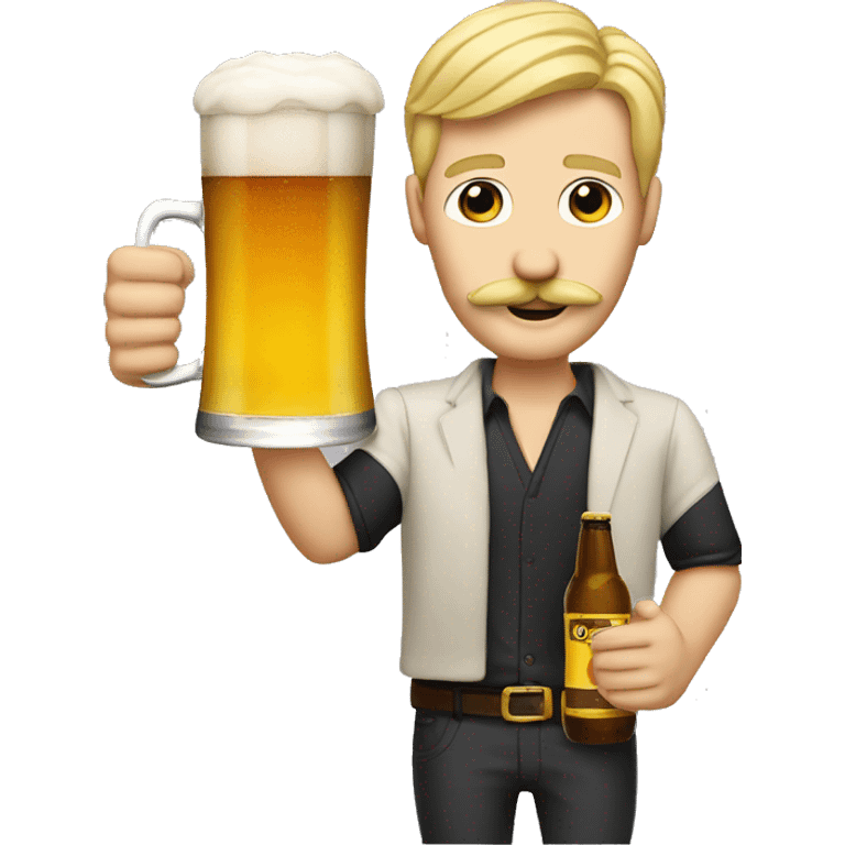 blonde thin guy with a mustache and a beer saying cheers emoji