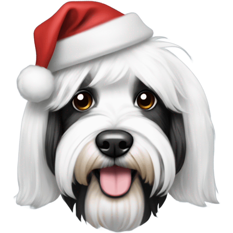 A black and white Tibetan terrier dog wearing a santa hat emoji