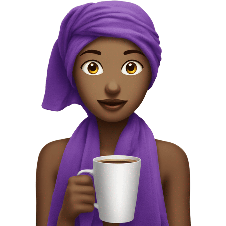 beautiful girl with a purple towel on her head drinks coffee emoji