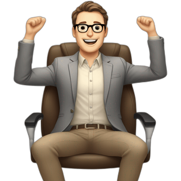 Joyful Celebrating victory Hands up Pale skinned Fit Man With dark brown hair in gray jacket, beige office shirt, Brown pants and vintage glasses sitting In a soft chair emoji