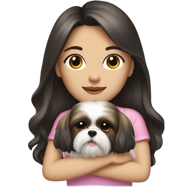 A girl with long dark hair and on her left shoulder and neck is a cute female shih tzu with pink bow emoji