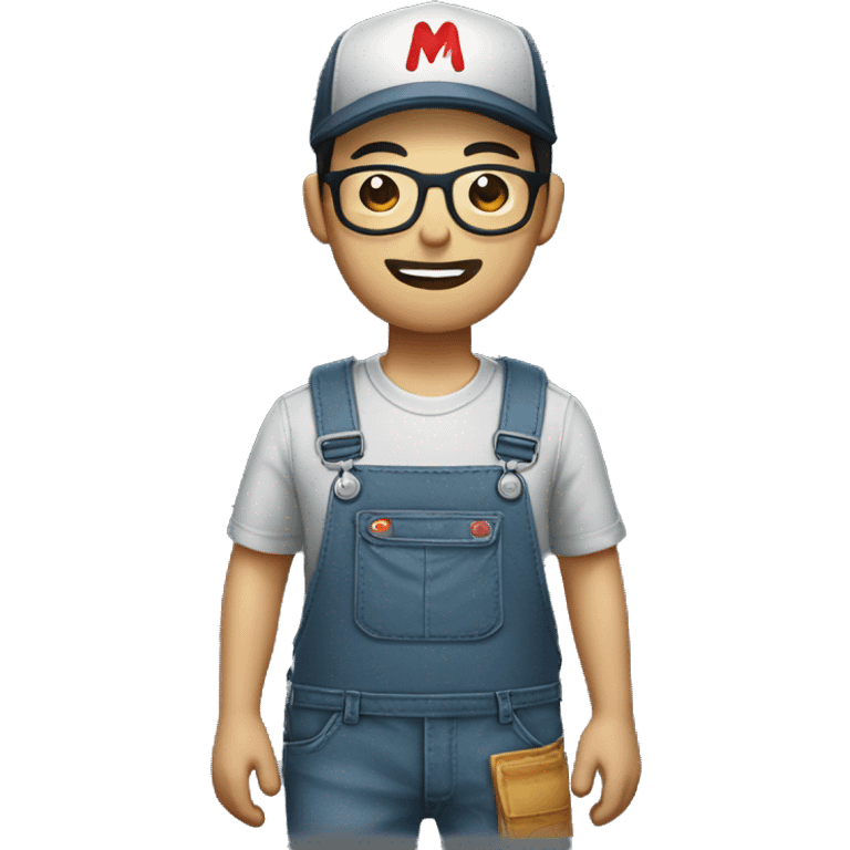 An Asian man with a beard and glasses, wearing an overalls and a button-up shirt and a dark cap with a red letter "M" design emoji