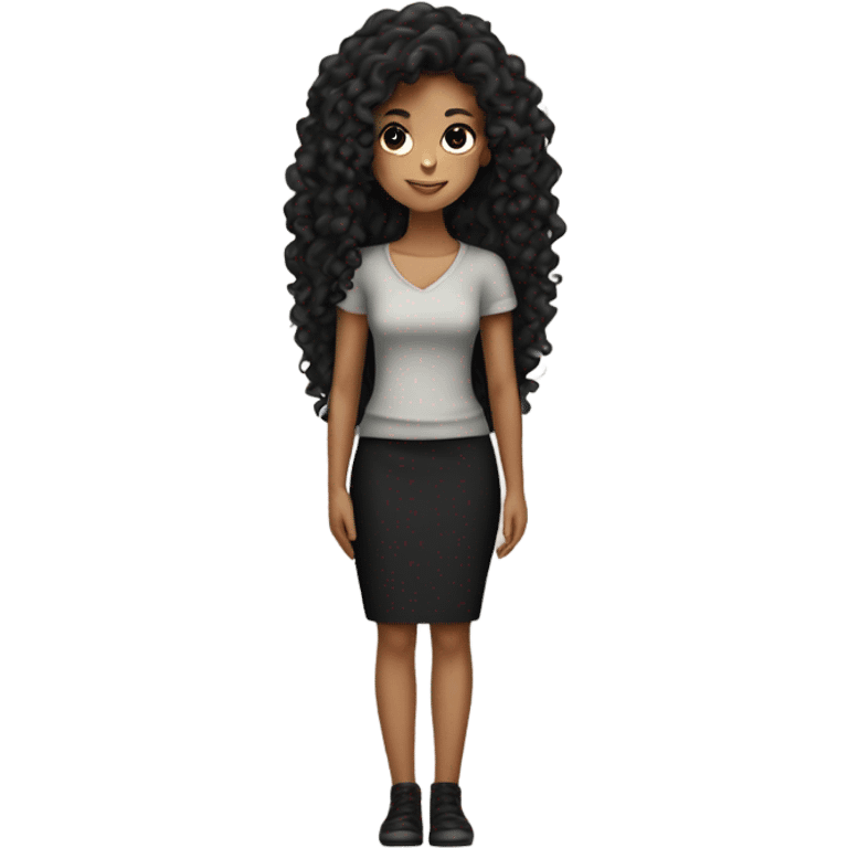 Tan girl with black long curly hair black pencil skirt full body emoji