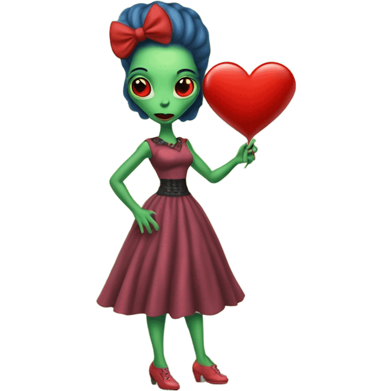 a Reptilian alien woman full body, in rockabilly dress holding big red heart emoji