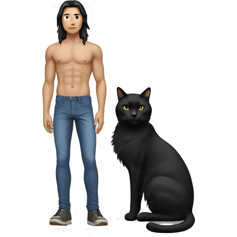 Skinny Model Long hair Asian man with abs holding black cat emoji