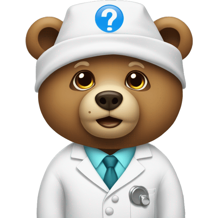 bear wearing lab coat with big question mark emoji