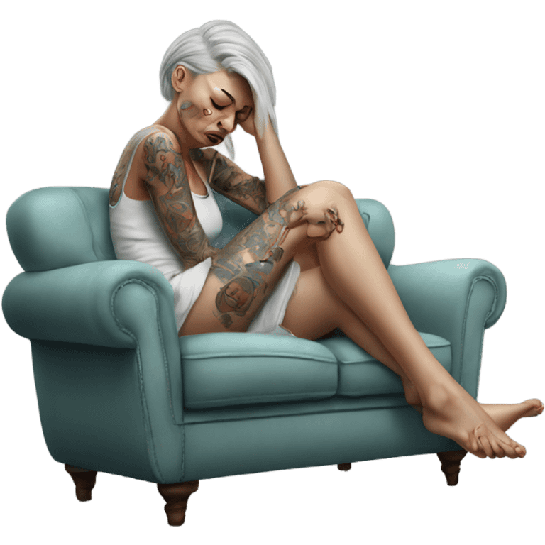 Hyper Realistic Beautiful tattooed woman crying lying on her sofa  emoji