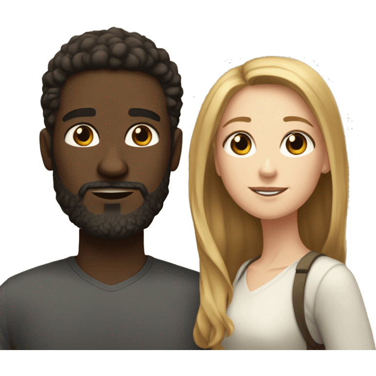 Dark skinned man with beard and a white girl with long light brown hair couple emoji