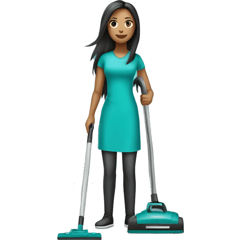 woman cleaner with light skin and long dark straight hair in turquoise color t-shirt. She working with vacuum cleaner emoji