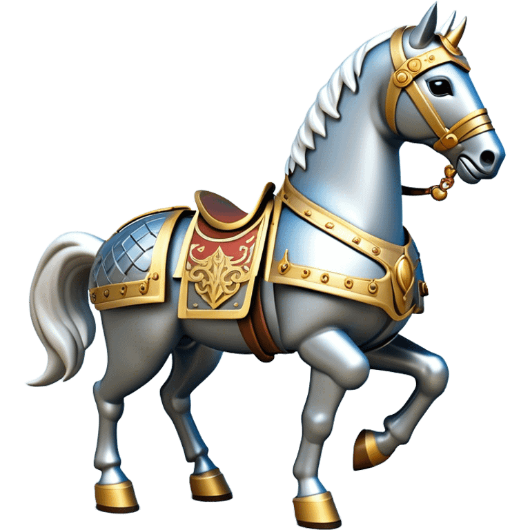 Clash of Clans aesthetic: Cinematic Playful Armored Horse Emoji, rendered in a 3D vector-style similar to standard emojis with minimal shading and bold, simplified shapes. A compact, isometric warhorse outfitted in intricately detailed armor with noble accents, softly glowing with a gallant medieval carriage charm. Simplified yet unmistakably iconic, highly detailed and consistent, glowing with a soft radiant shine and high polish. Stylized with a touch of heroic elegance and a soft glowing outline, capturing the essence of a noble steed ready for battle with a friendly, playful air! emoji