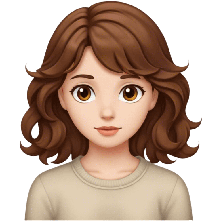 Girl with brown wavy hair and side bamgs emoji