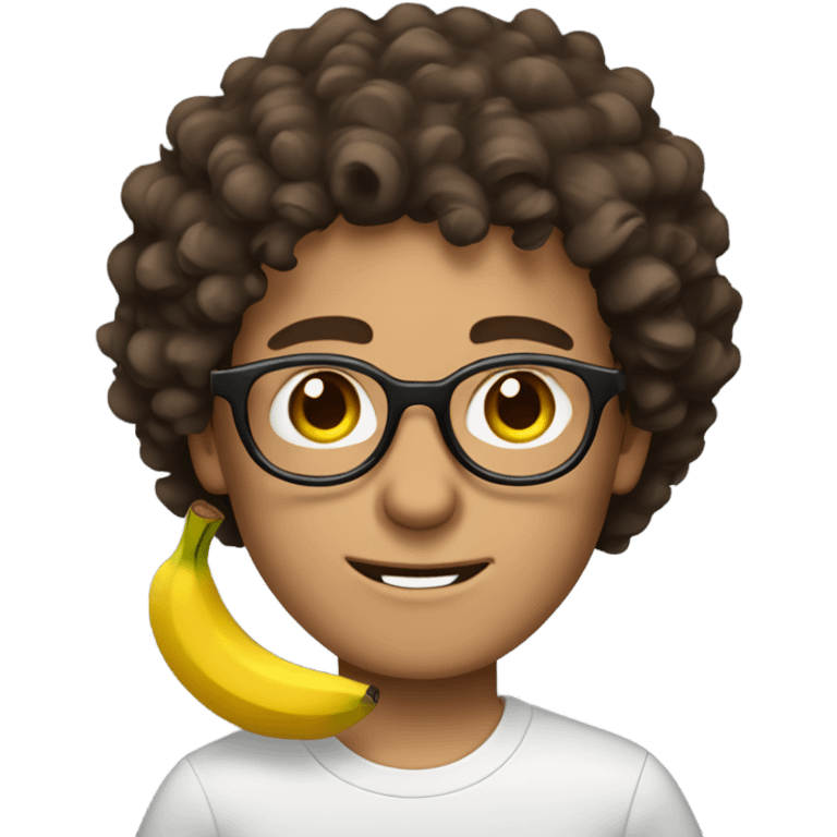 Curly dark brown hair guy with brown eyes and light brown round glasses. Holding a banana emoji