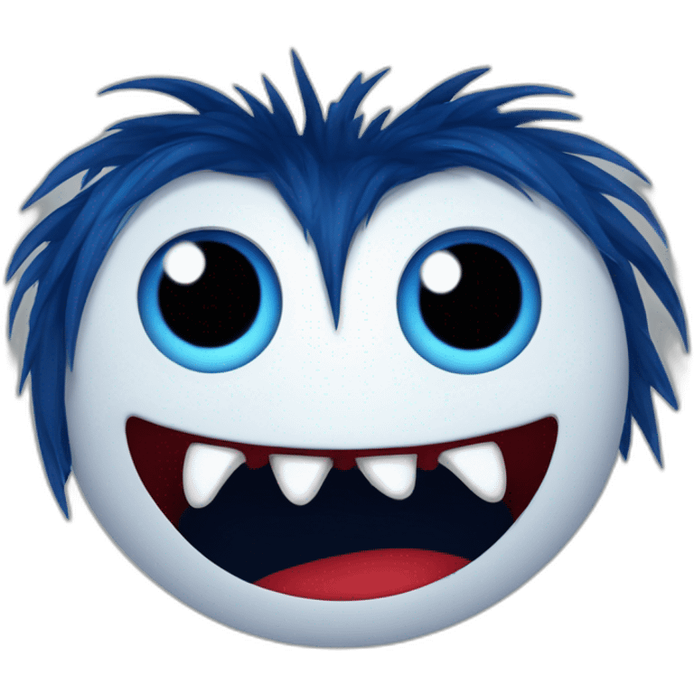 fuzzy creepy smile creature with sharp teeth dark blue hair red lips emoji