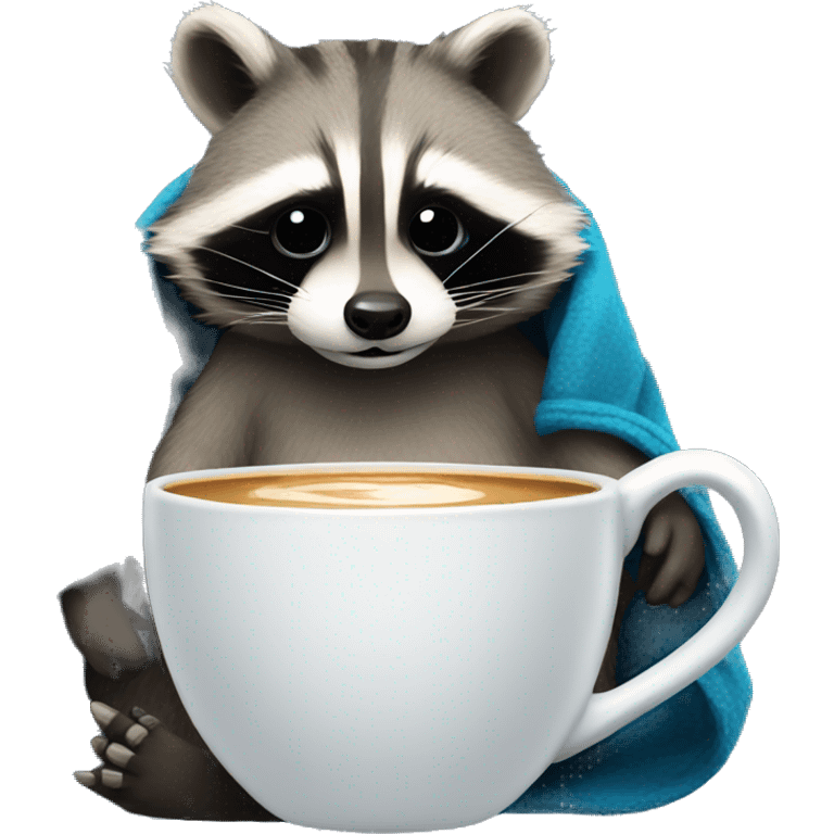 RACCOON IN A blue BLANKET with coffee cup emoji