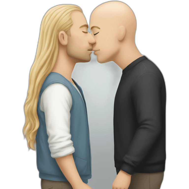 white tall bald guy kissing guy with long hair emoji