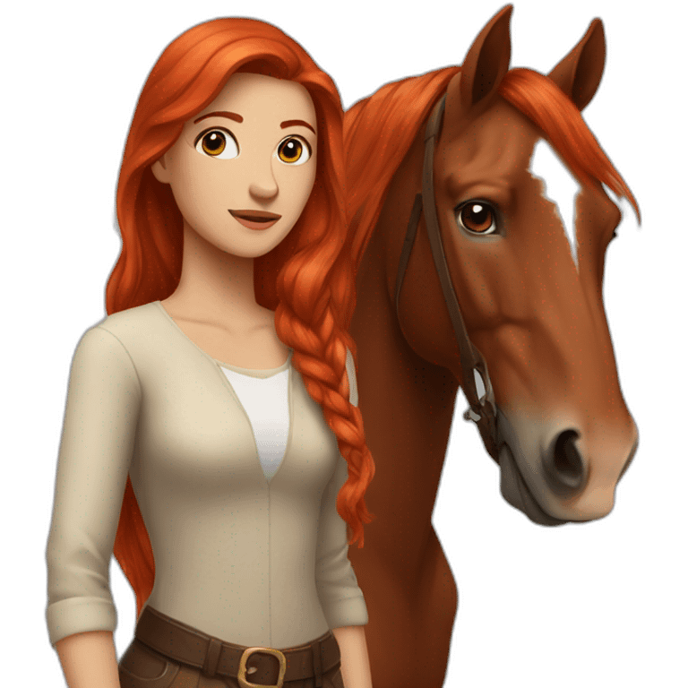 woman with red long hair and a brown horse next to her emoji