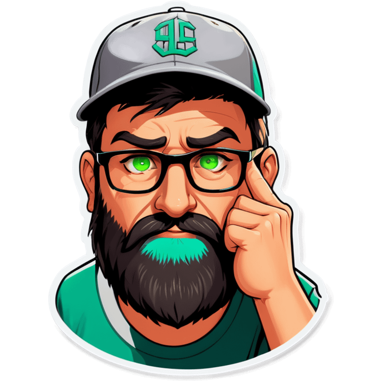 A man with a grey baseball cap, green eyes, big dark brown beard and glasses, facepalm emoji