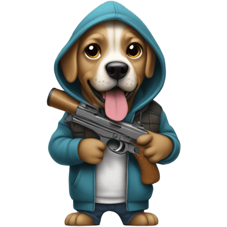 Dog wearing a hoodie holding a pew pew emoji