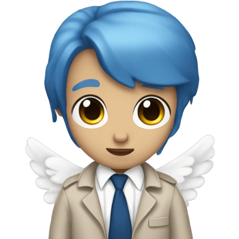 Angel that looks like a man with black short hair, a blue tie, a trenchcoat and blue eyes emoji