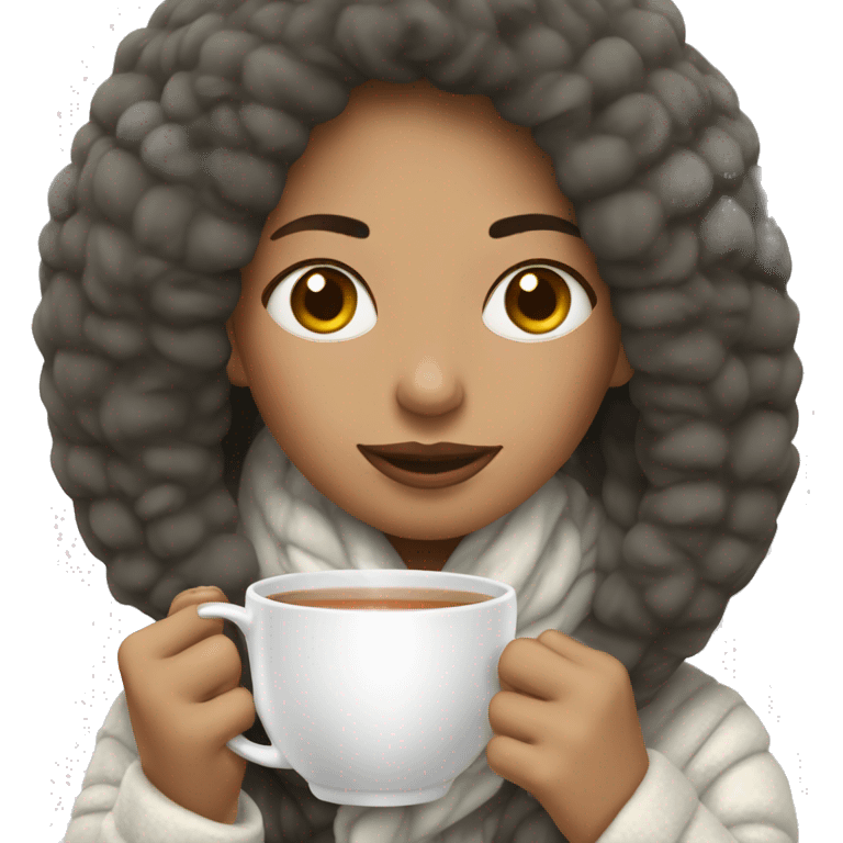 Woman drinking Tea in white Winter cloths  emoji