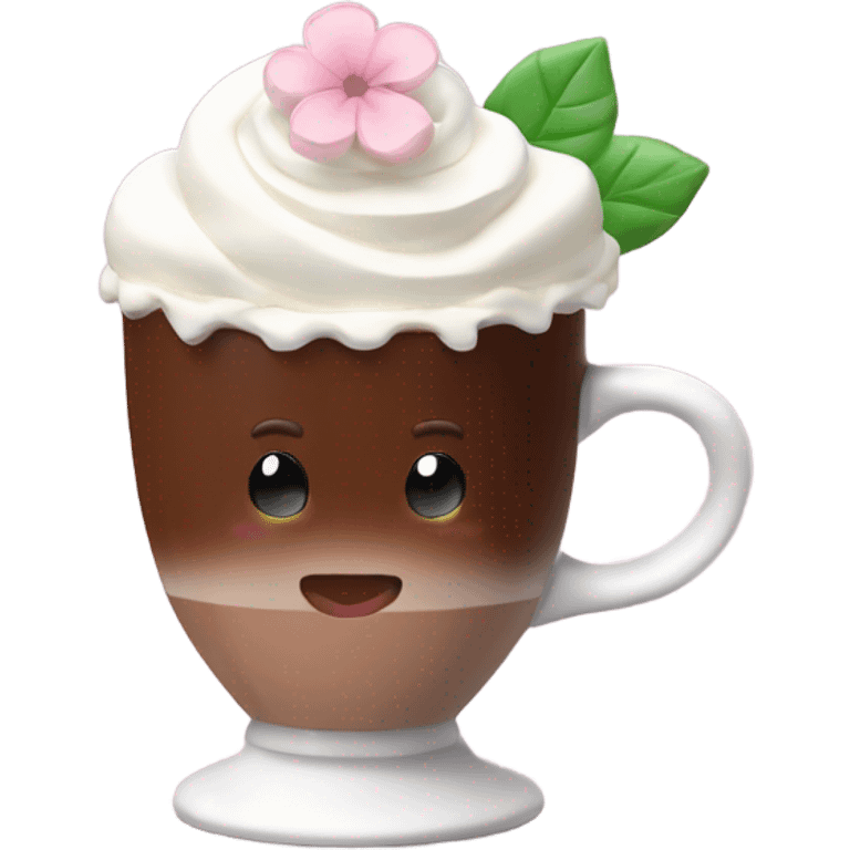 Hot chocolate with pale pink flower and whipped cream emoji