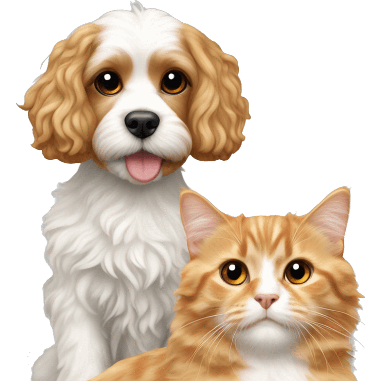 blonde cavapoo next to a black, orange, and white colored calico cat emoji