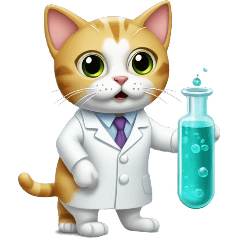 Cat in lab coating with shocked expression holding a vial emoji