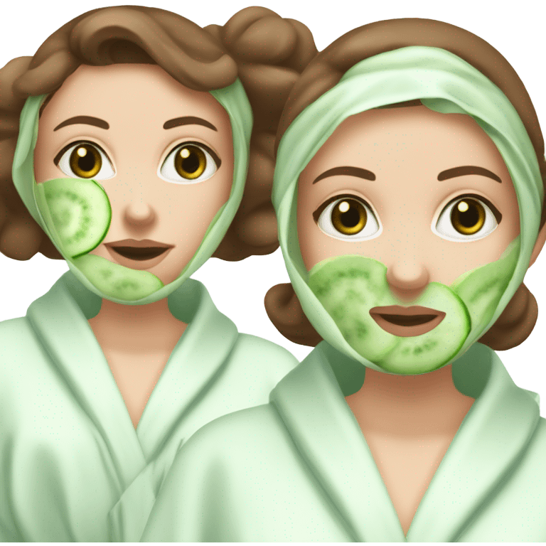 White girl with Brown hair and blue eyes wears a Green colored skincare clay textured mask and puts on cucumbers around her eyes while She relaxes in her white Robe emoji