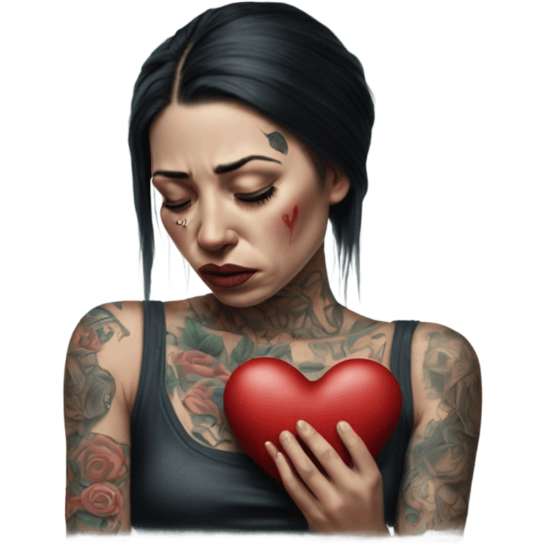 Hyper Realistic Beautiful tattooed woman crying holding a broken heart cushion emoji