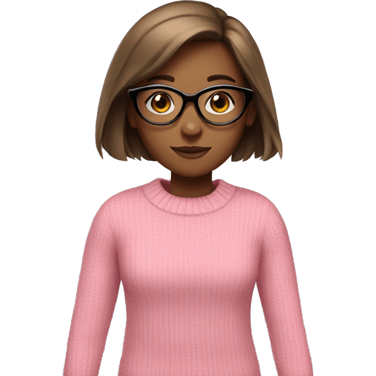 A girl with brown straight hair in a pink sweater with black glasses emoji