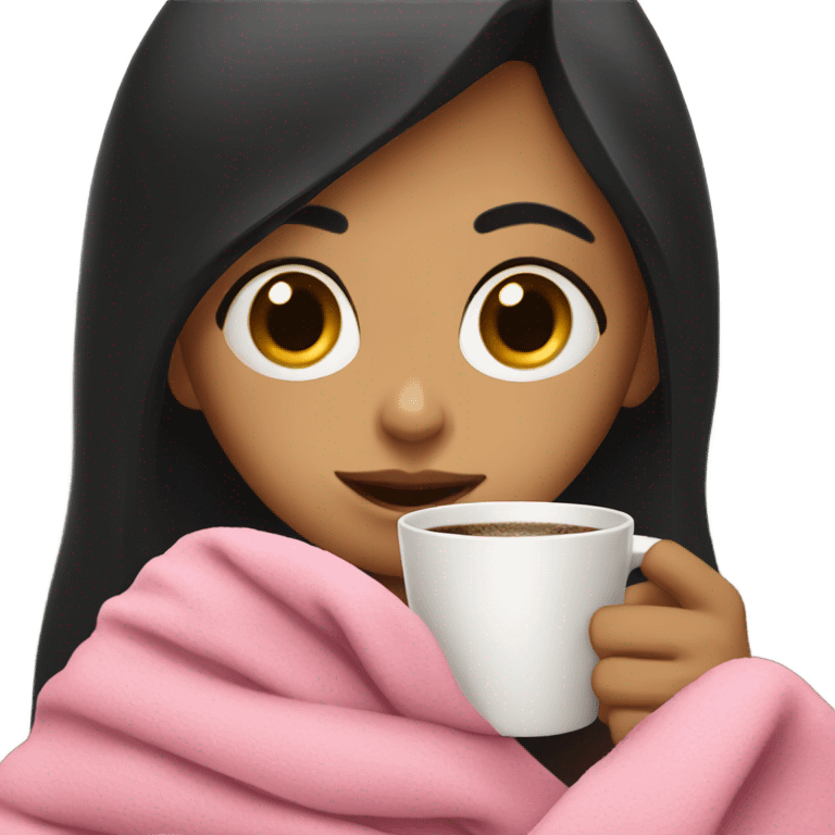 Black hair girl Drinking coffee wrapped in pink blanket emoji