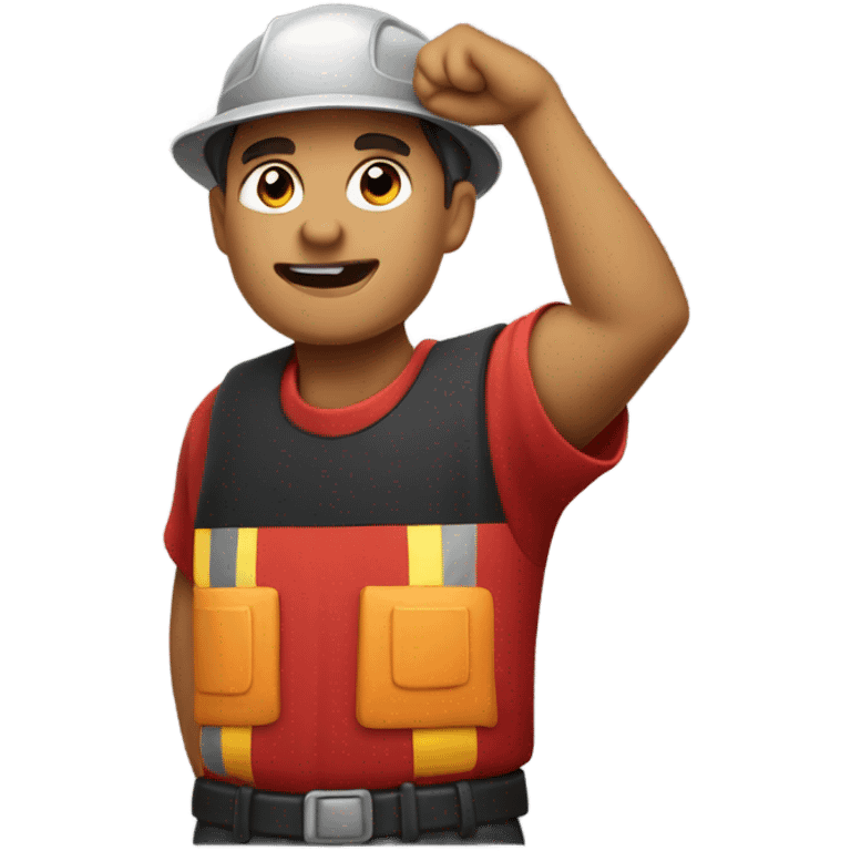 Miner in a red shirt and black hat with his right arm up emoji