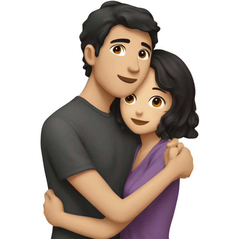 A half pale Asian man with short dark hair and amber eyes embracing and loving a half Asian woman with long wavy dark hair and dark hazel eyes. They love each other a lot And have good fashion taste. emoji