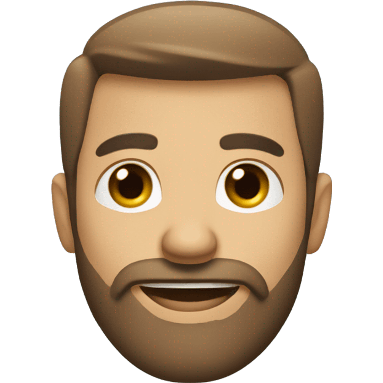 Face Shape: Oval with a slightly prominent forehead.
Skin Tone: Light.
Eyes: blue, wide and expressive.
Eyebrows: Light brown.
Mouth: Smiling with visible teeth.
Hair: Light brown
Full beard and mustache, light brown with some grey emoji