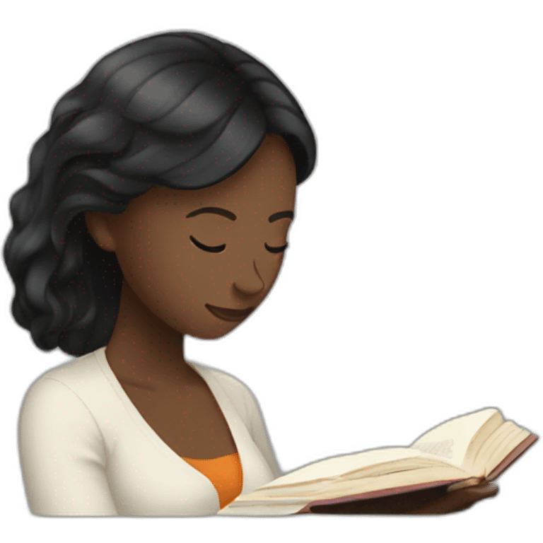 White woman reading with black hair emoji