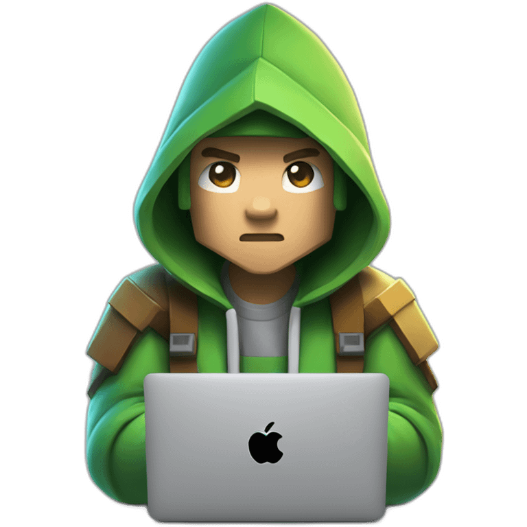 minecraft coder typing on macbook aggressively wearing a hoodie and the macbook apple logo is a creeper face instead emoji