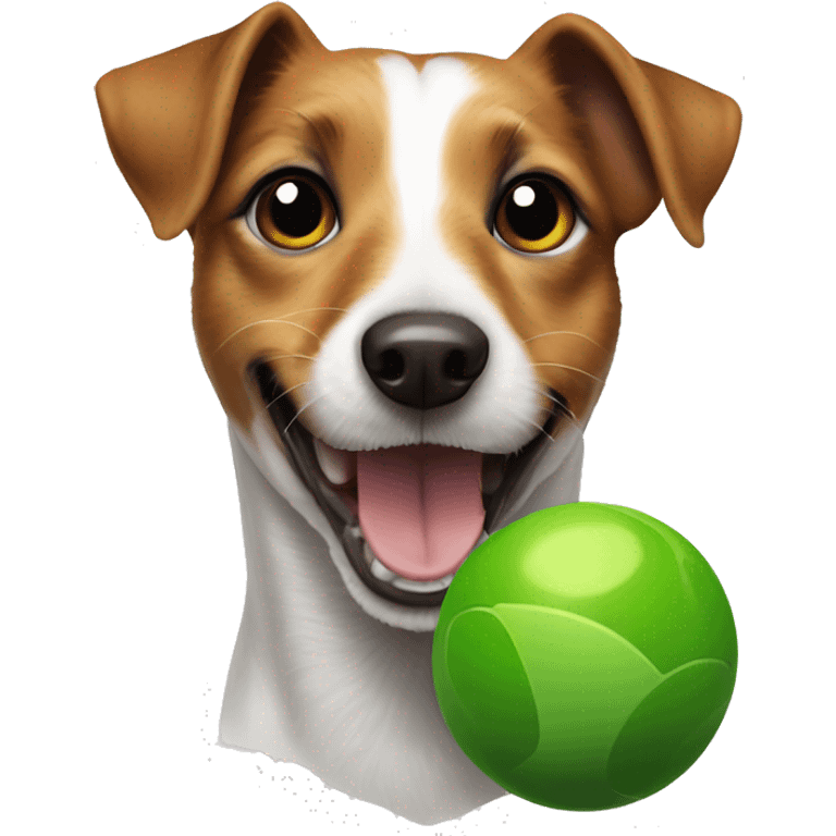 Jack Russell dog with brown eyes holds a green ball in his teeth emoji