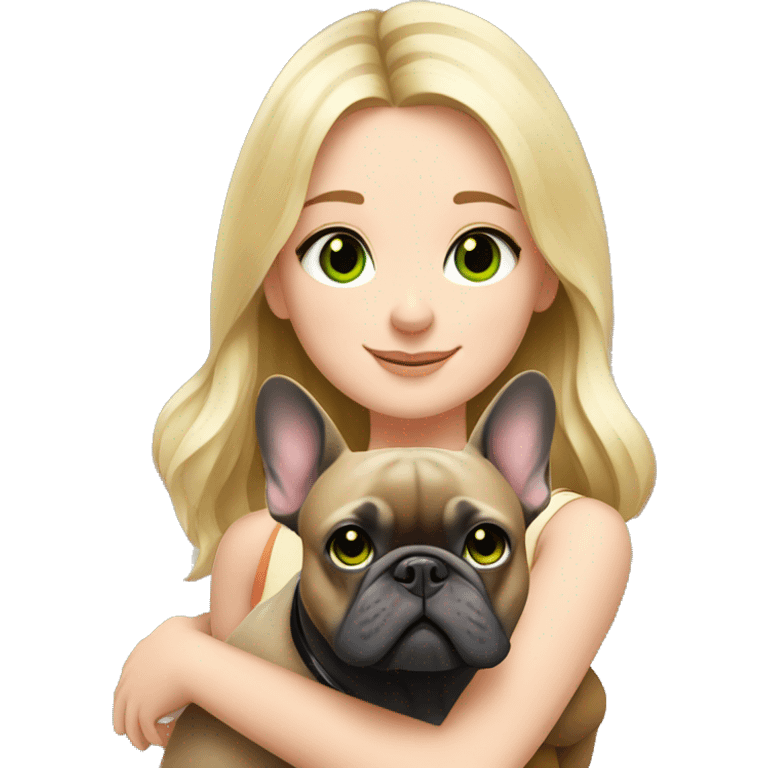 A blonde girl with green eyes with a square hugs a French bulldog with brown eyes and dark gray fur emoji