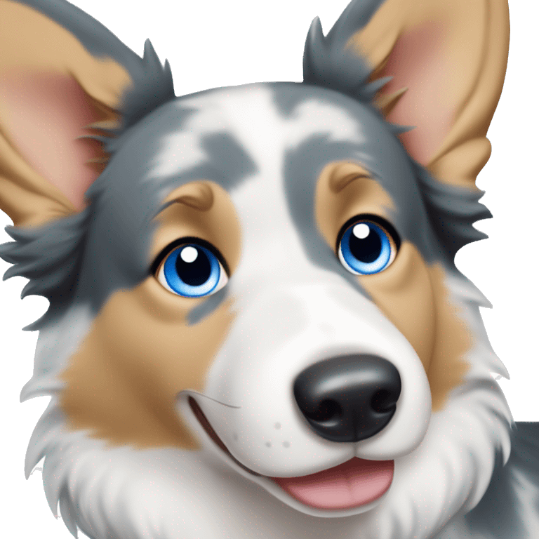 Blue Merle corgi with tan points and a half white face and blue eyes emoji