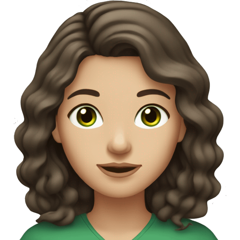 Caucasian woman, dark brown wavy hair, green eyes emoji