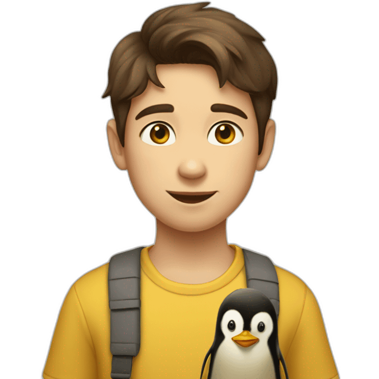 10 year old boy with brown hair wearing yellow ochre shirt with penguin on it emoji